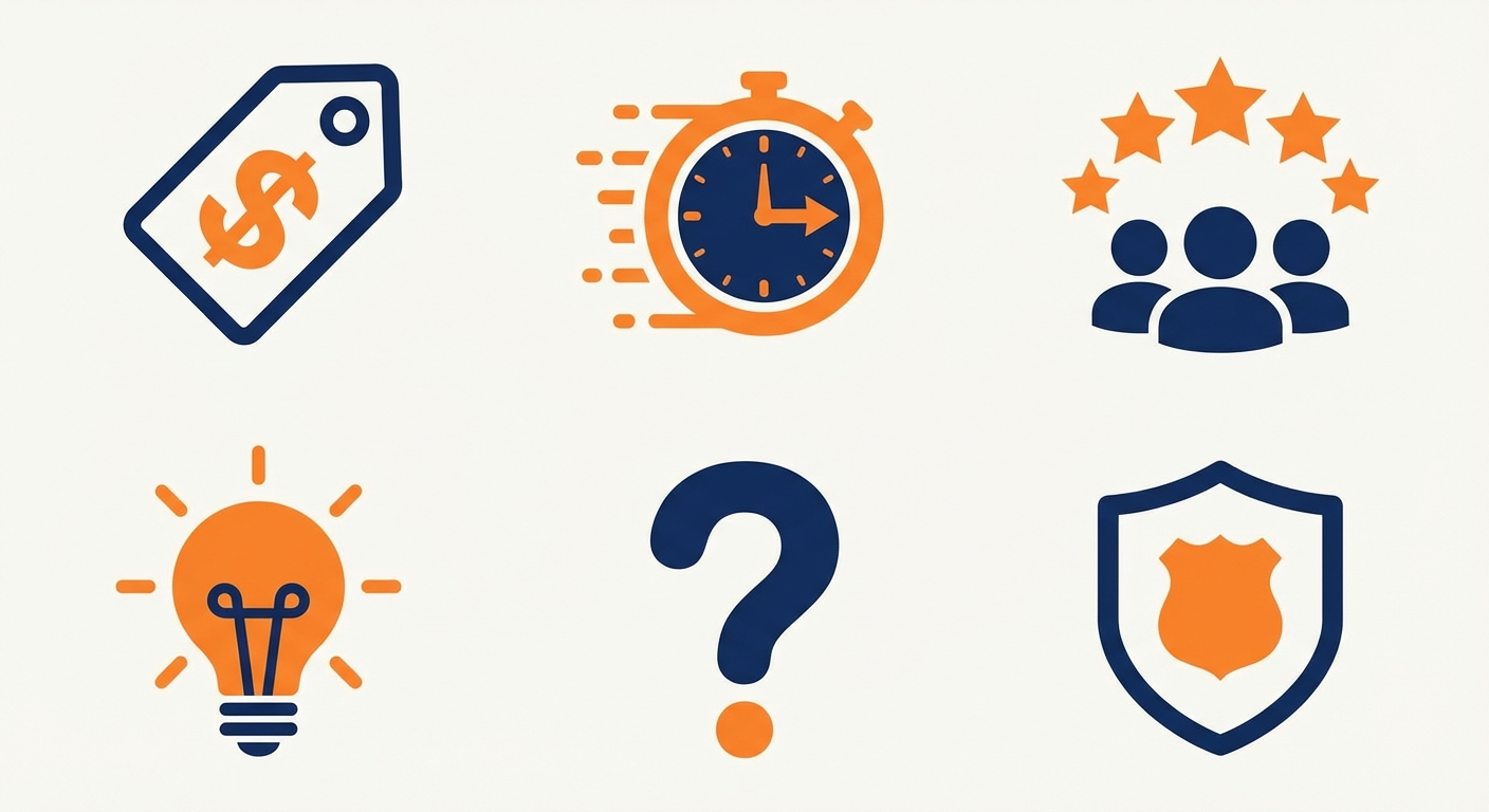 Шесть типов рекламных хуков в виде иконок: ценовой, FOMO, социальное доказательство, проблема/решение, curiosity и авторитет