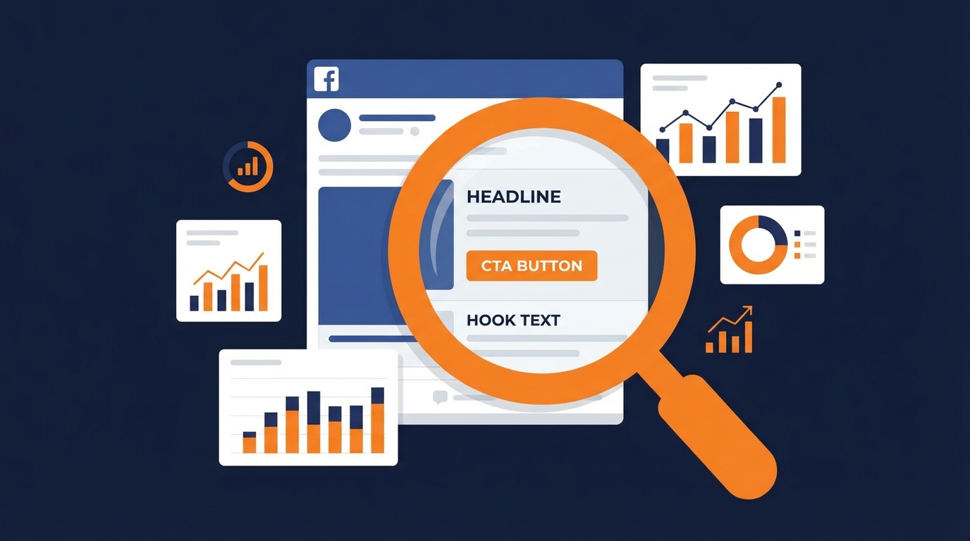 Иллюстрация анализа рекламных хуков и CTA с лупой, изучающей элементы рекламного текста и кнопки призыва к действию