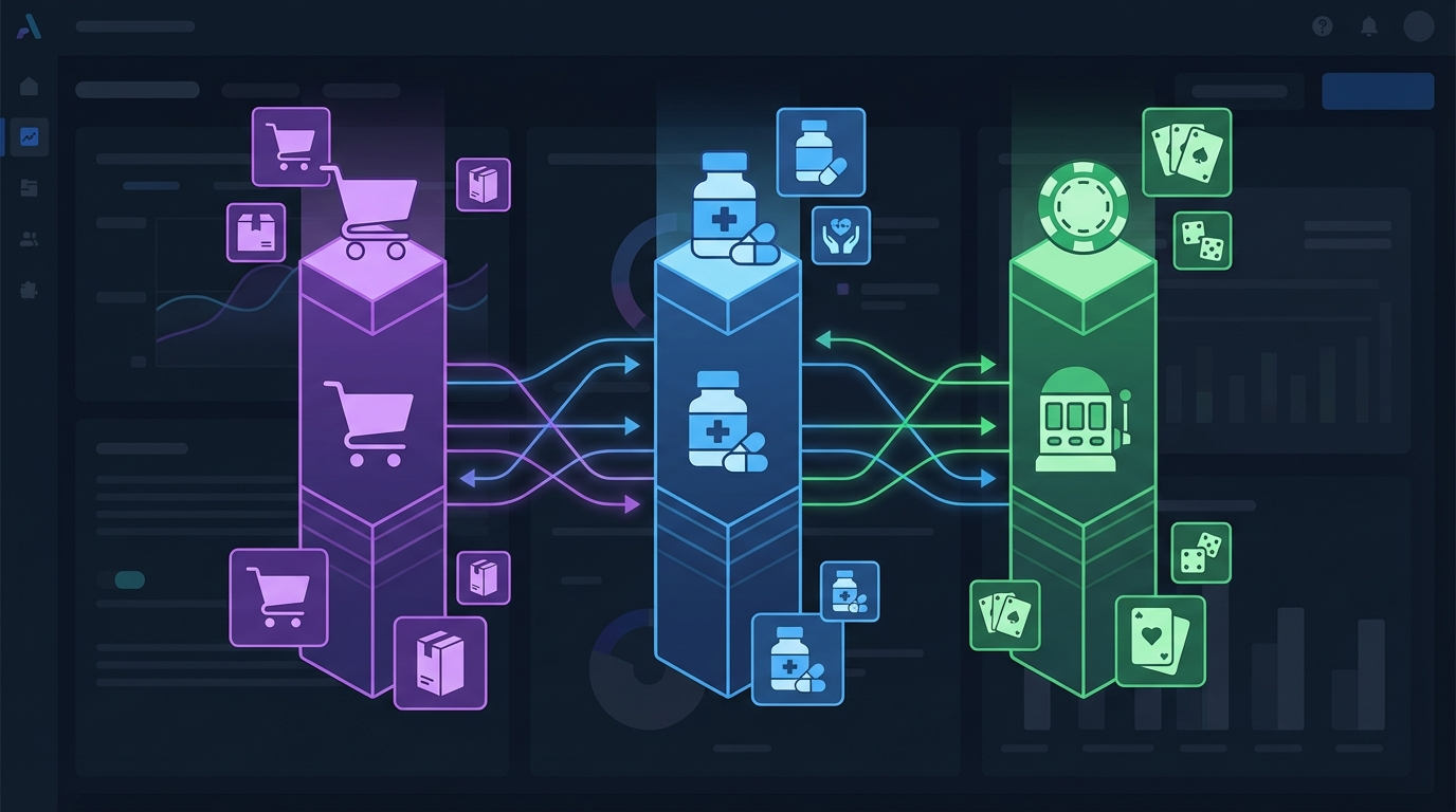 Аналитический дашборд с тремя вертикалями — e-commerce, нутра и гемблинг — с рекламными креативами