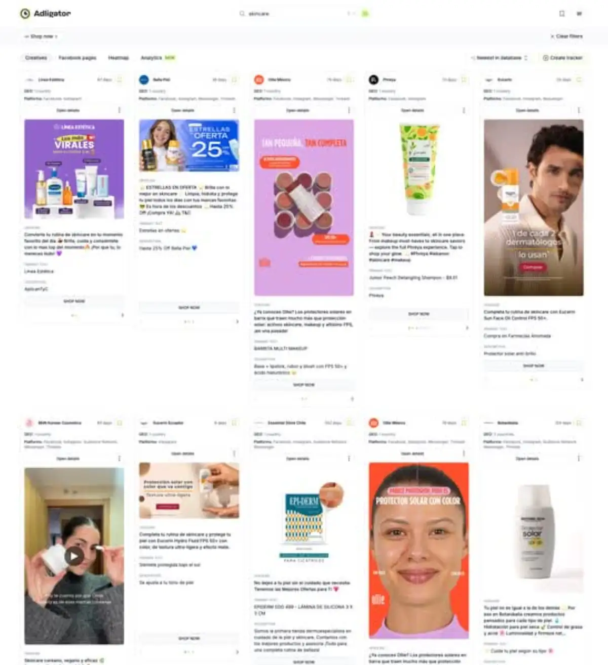 Интерфейс Adligator с результатами поиска по eCommerce креативам, фильтрами по гео и формату, данными о длительности показа