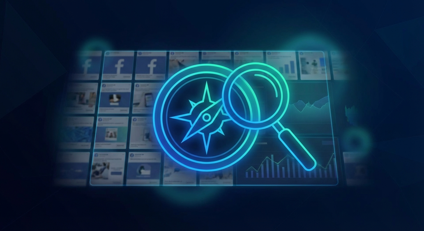 Новичок изучает рекламу конкурентов в Facebook через лупу и аналитический дашборд