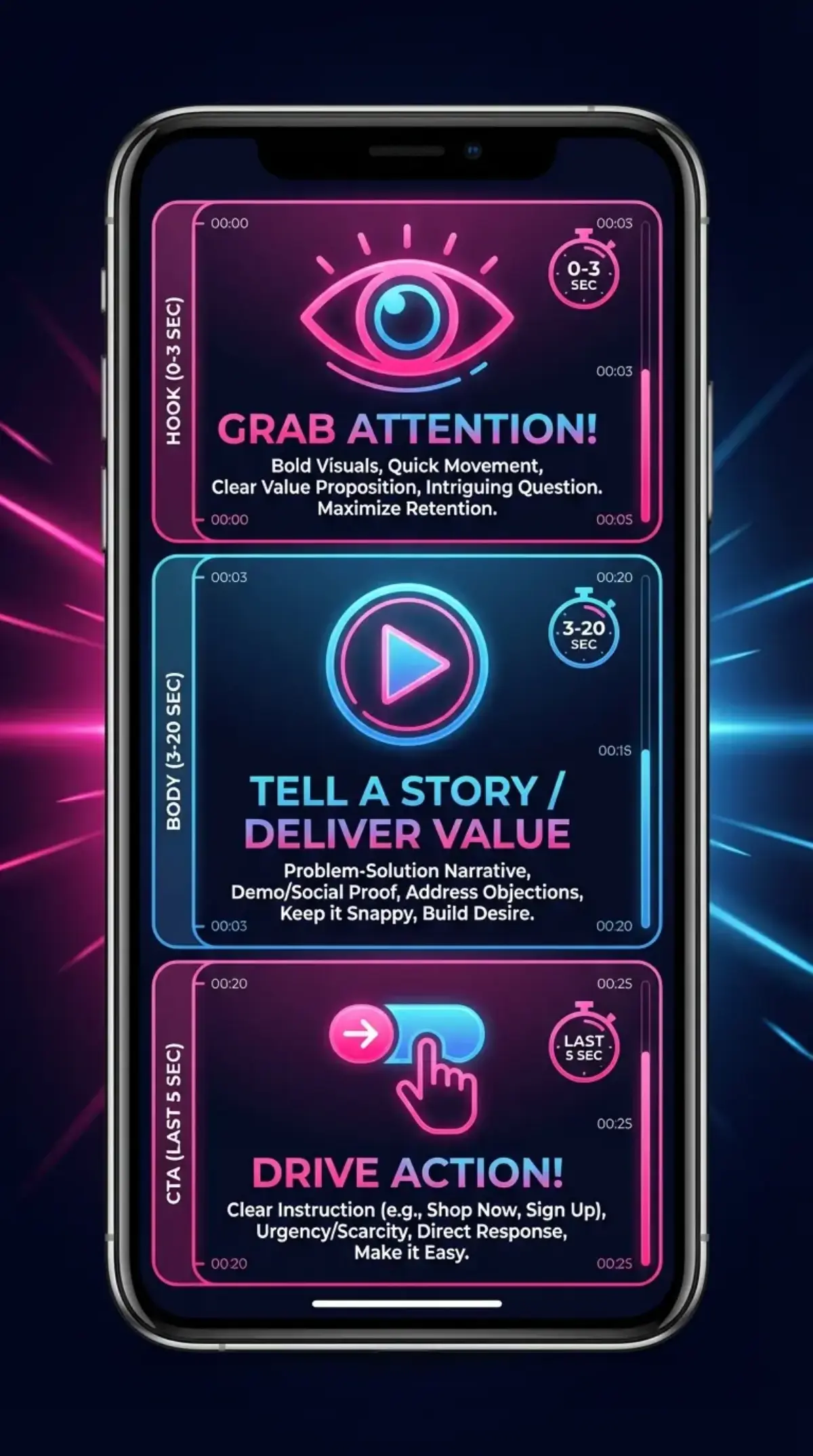 Инфографика анатомии выигрышного Reels-креатива: хук, основная часть и CTA с указанием временных меток