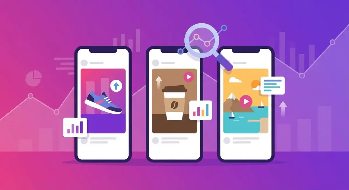 Иллюстрация анализа рекламы в Instagram Reels и Stories с экранами смартфонов и элементами аналитики