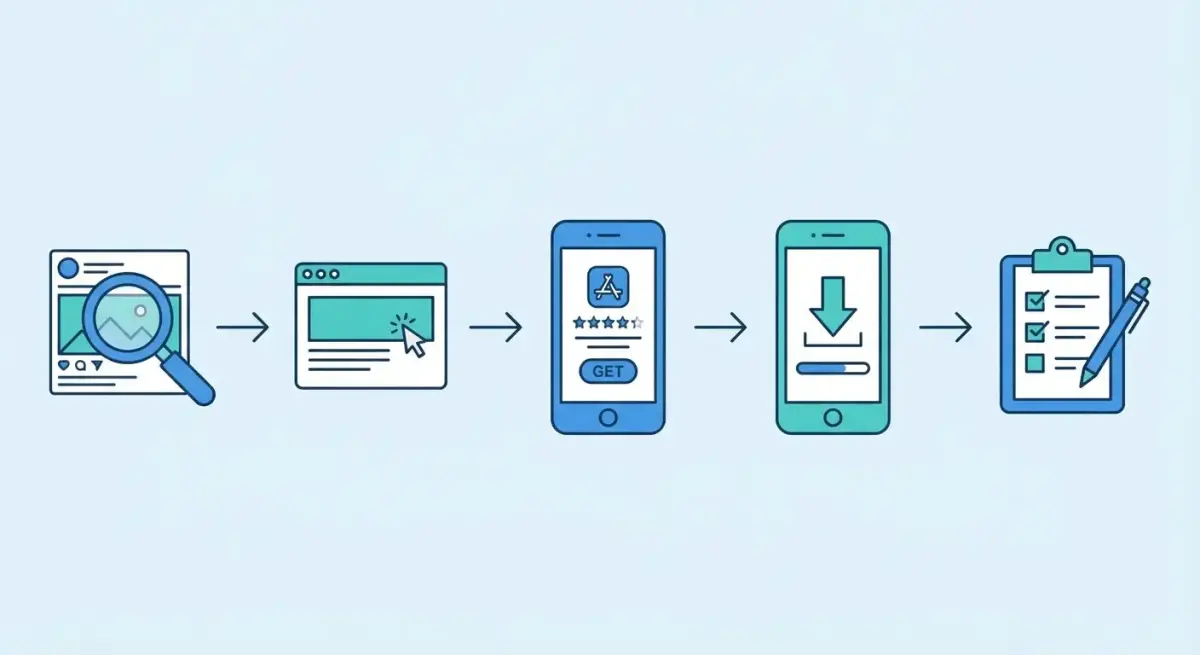 Схема воронки анализа рекламы мобильных приложений: от обнаружения рекламы до установки и первого запуска