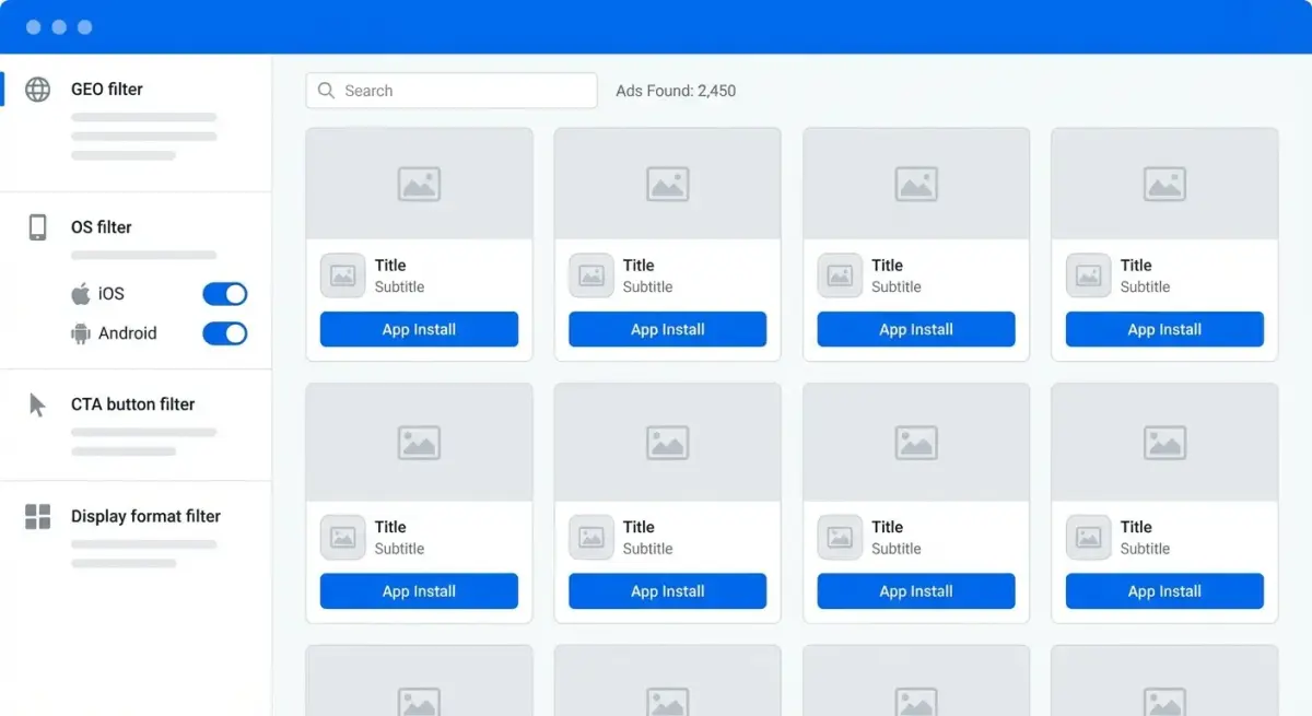Интерфейс Adligator с фильтрами для поиска рекламы мобильных приложений: фильтр по ОС, формату и кнопке CTA