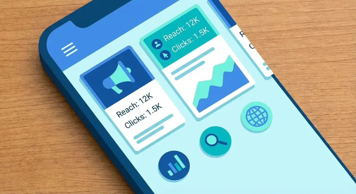 Анализ рекламы мобильных приложений в Facebook с помощью spy-инструментов — иллюстрация с элементами мобильного интерфейса и рекламных креативов