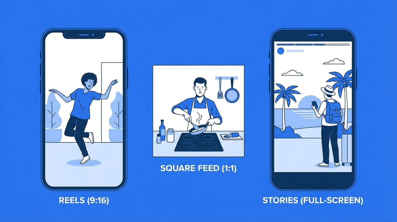 Сравнение трёх форматов видео: Reels 9:16, лента 1:1, Stories с полноэкранным отображением