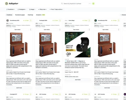 Результаты поиска Adligator: карточки рекламных креативов интернет-магазинов с данными о длительности и гео