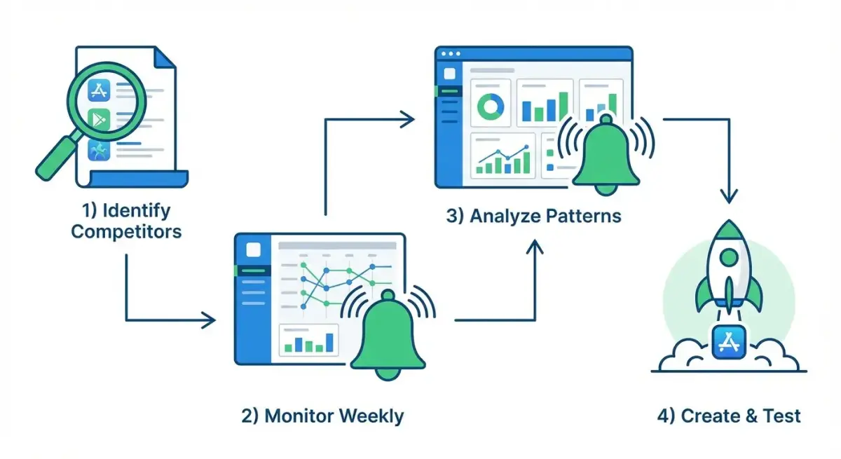 Воркфлоу конкурентной разведки для мобильных приложений: идентификация конкурентов, мониторинг, анализ, создание креативов