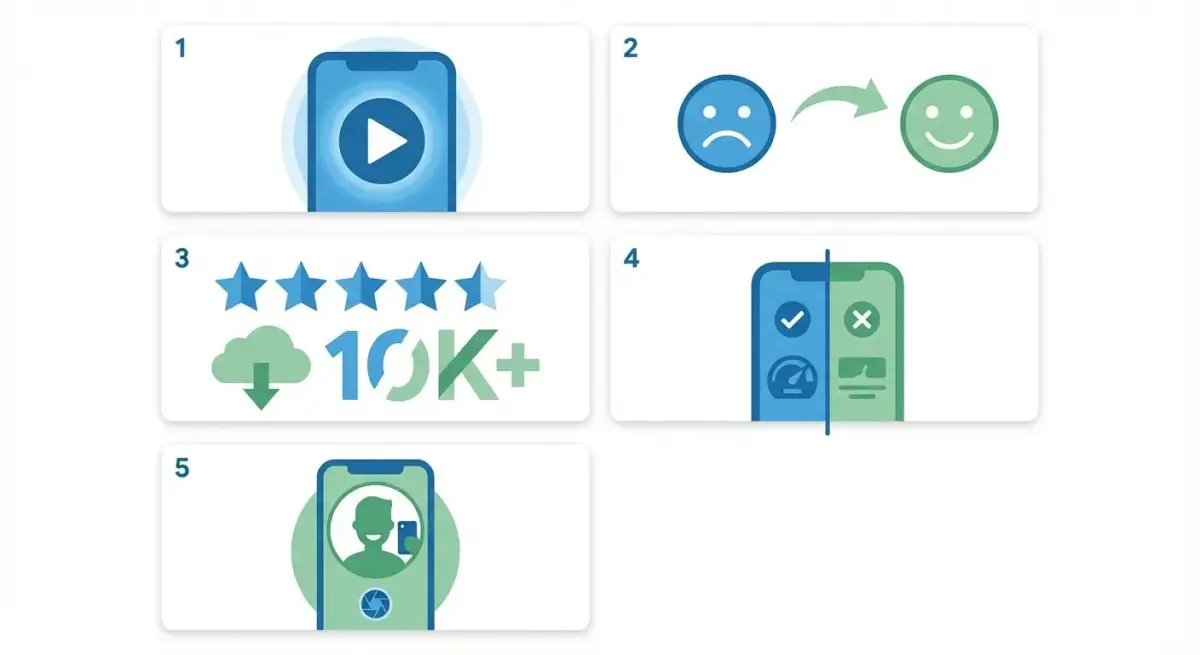 Пять паттернов эффективных креативов для рекламы мобильных приложений: видео-демо, UGC, социальное доказательство, сравнение, problem-solution