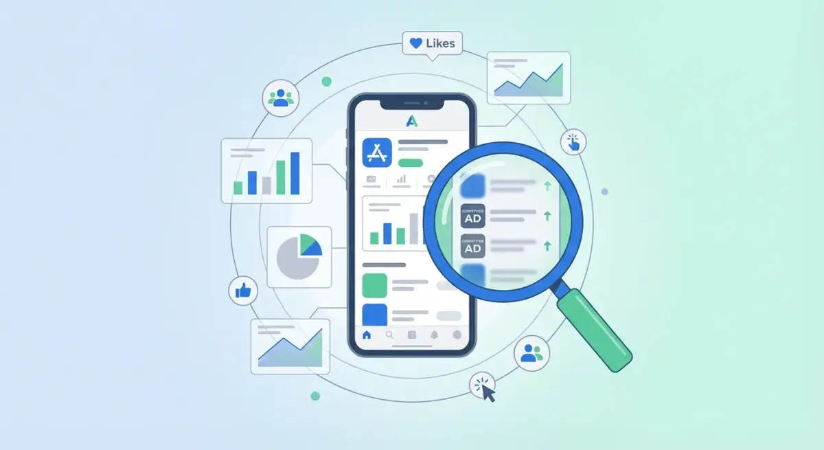 Иллюстрация анализа рекламы мобильных приложений: смартфон с аналитическими графиками и элементами конкурентной разведки