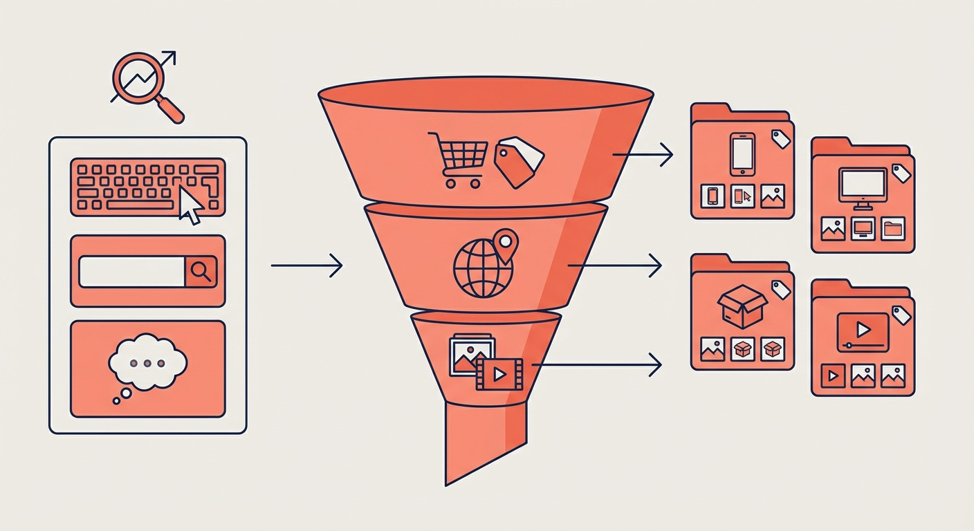 Диаграмма пошагового воркфлоу исследования e-commerce рекламы: от ключевых слов через фильтрацию к организованным коллекциям