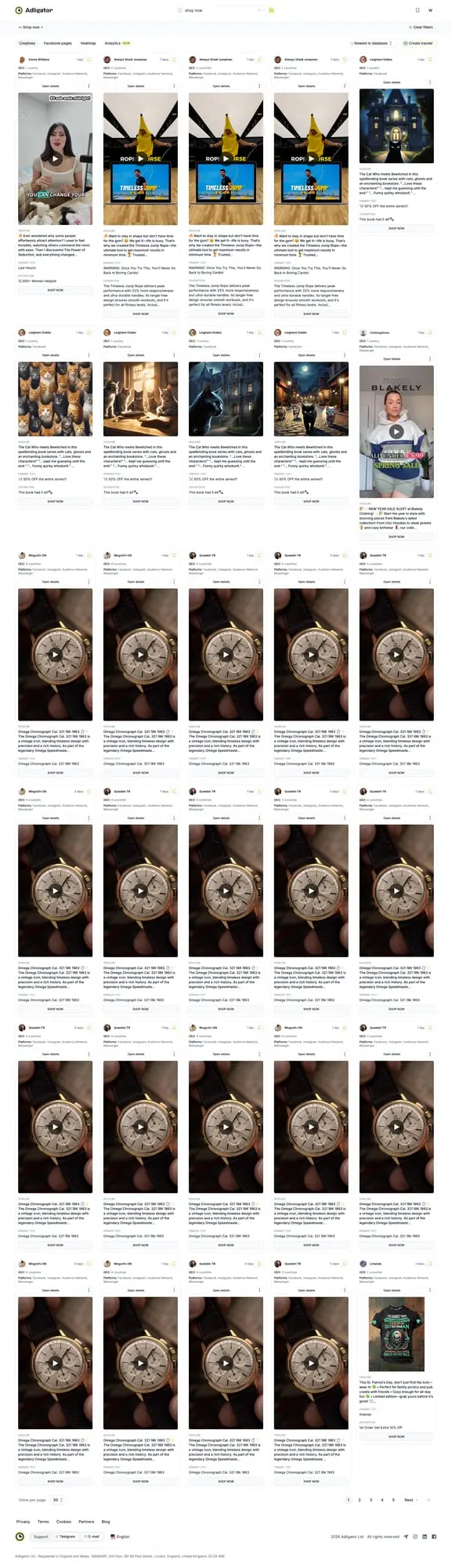 Дашборд Adligator с результатами поиска e-commerce объявлений с кнопкой Shop Now — карточки товаров с данными о платформах и длительности