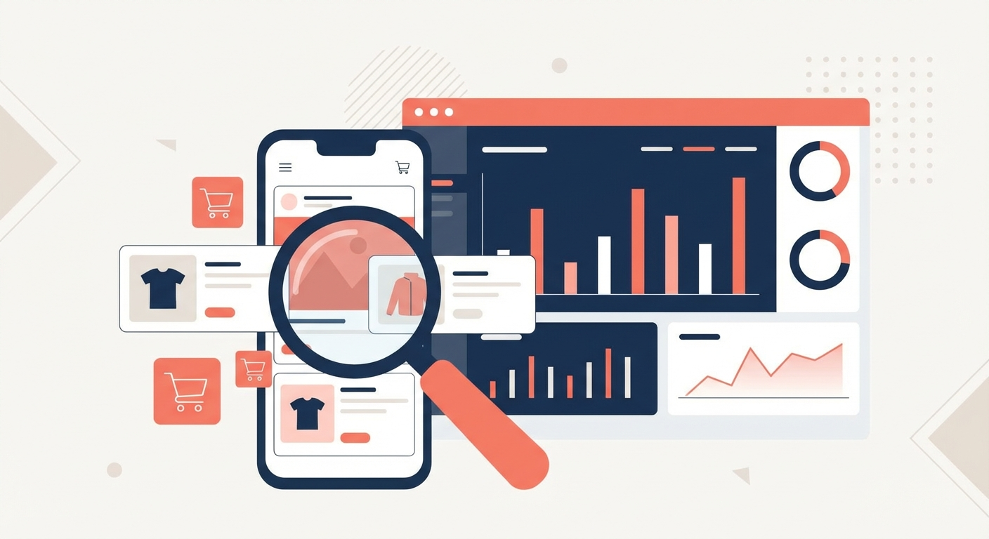 Иллюстрация анализа рекламы конкурентов в e-commerce с корзиной покупок, карточками товаров и дашбордом аналитики