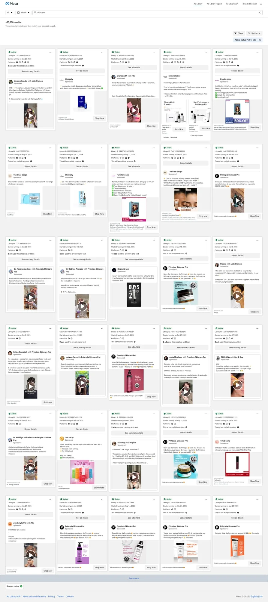 Интерфейс Meta Ad Library с результатами поиска по запросу skincare