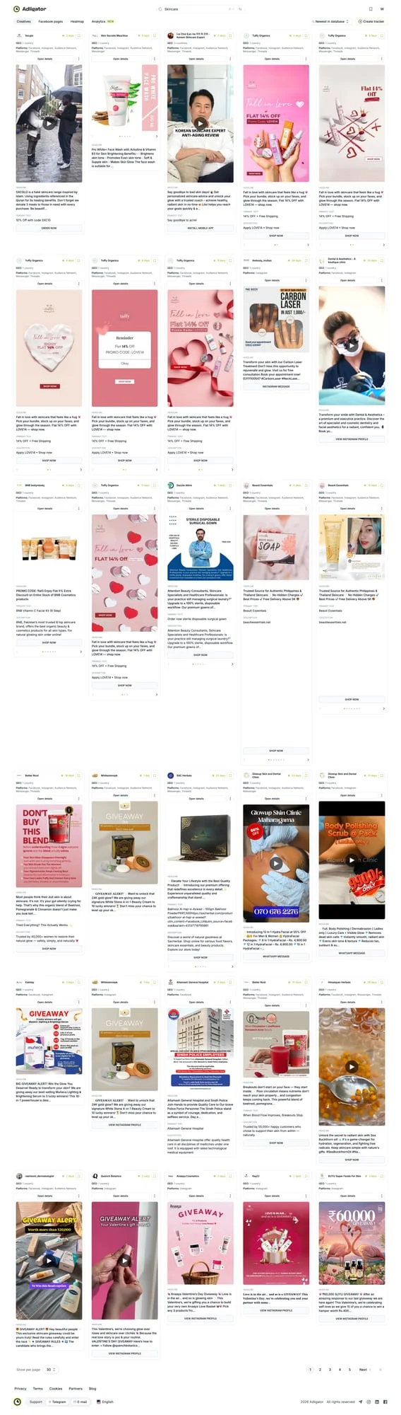Интерфейс Adligator — результаты поиска креативов по запросу Skincare с фильтрами