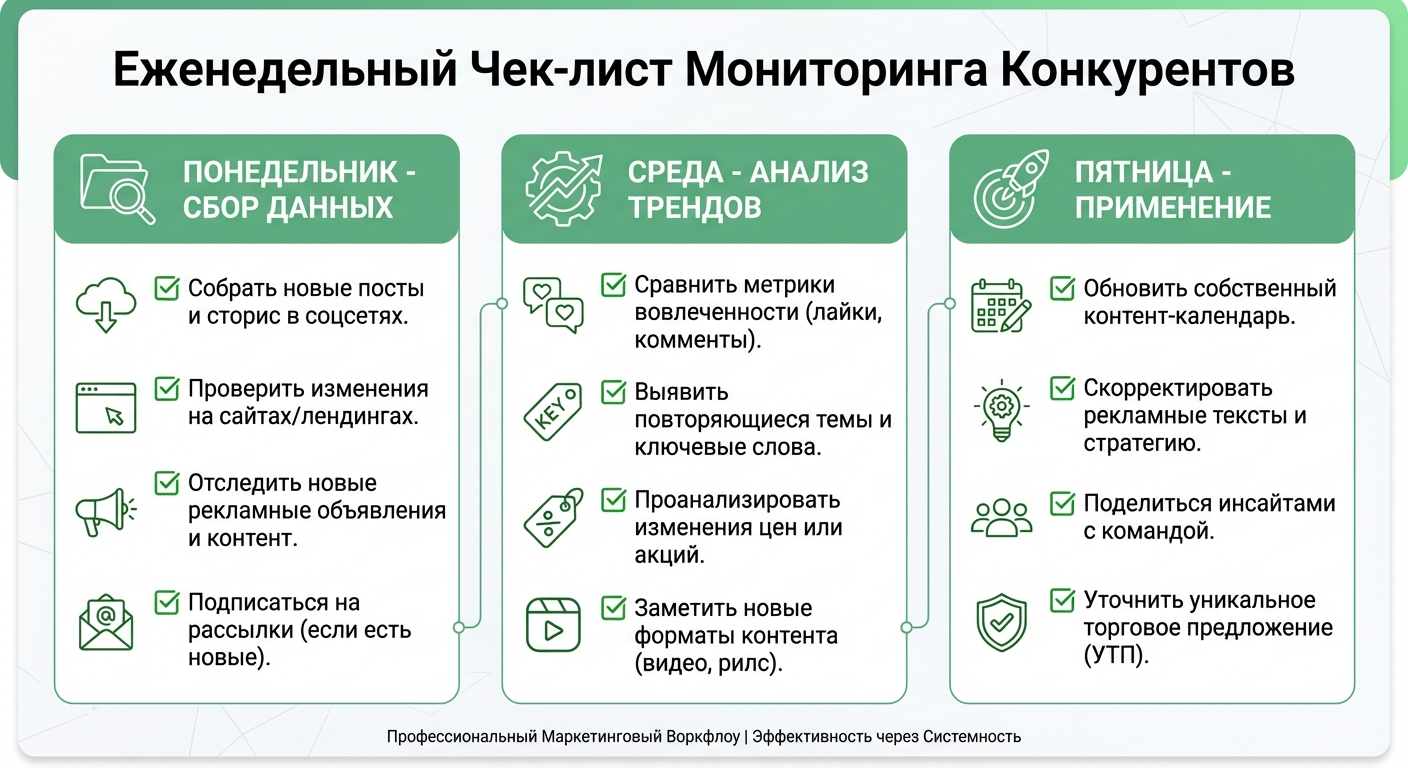 Еженедельный чеклист мониторинга креативов конкурентов: понедельник, среда, пятница