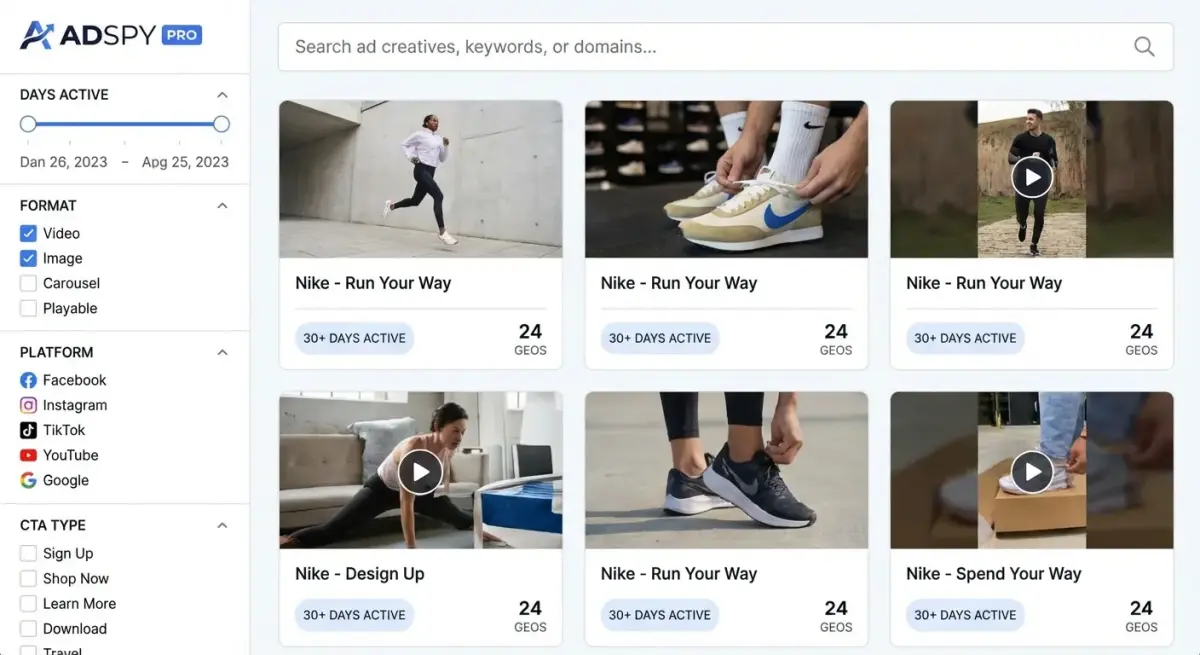 Интерфейс поиска Adligator с фильтрами по формату, длительности показа и платформе для сбора свайп-файла