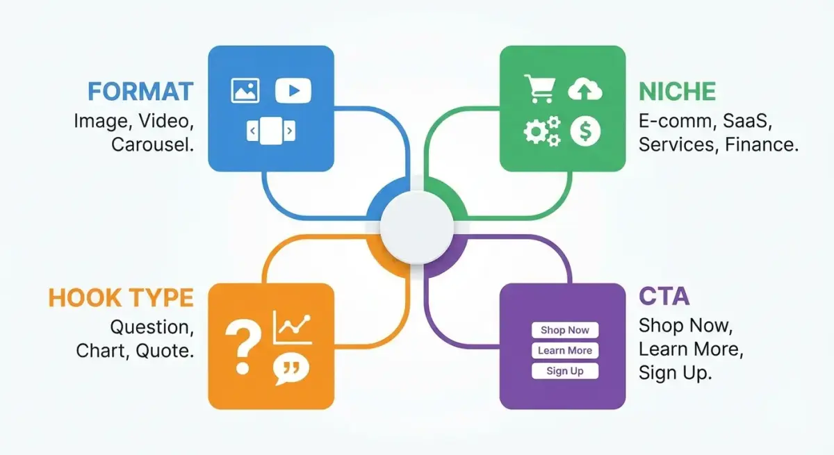 Схема категоризации свайп-файла с разделами по формату, нише, хуку и CTA