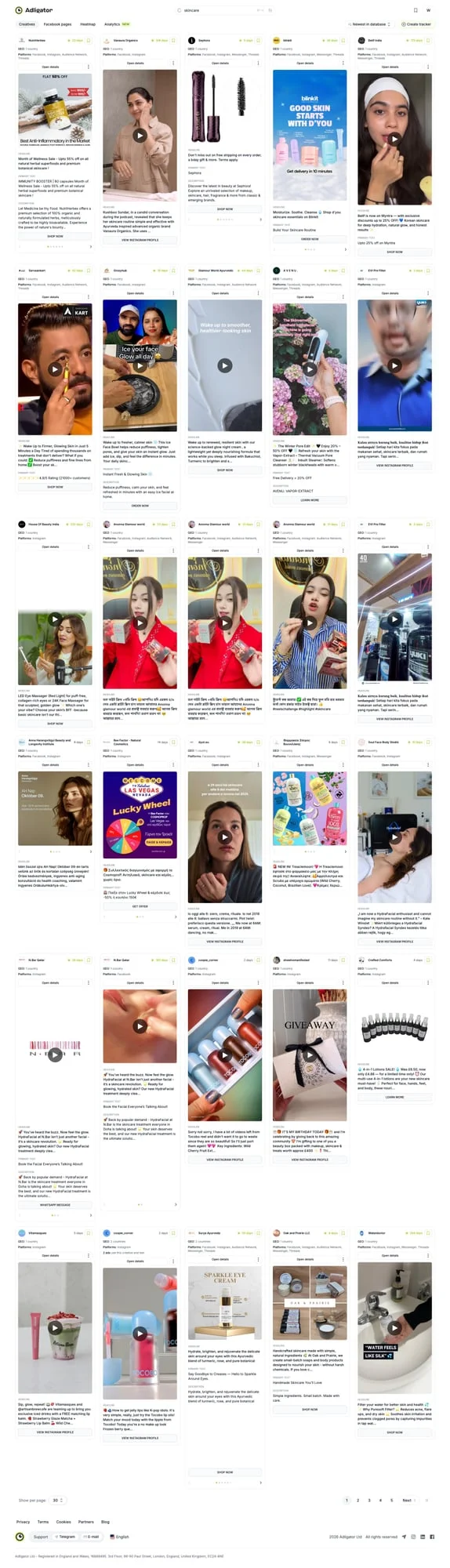 Интерфейс фильтров Adligator с фильтрацией по домену для поиска прелендингов конкурентов