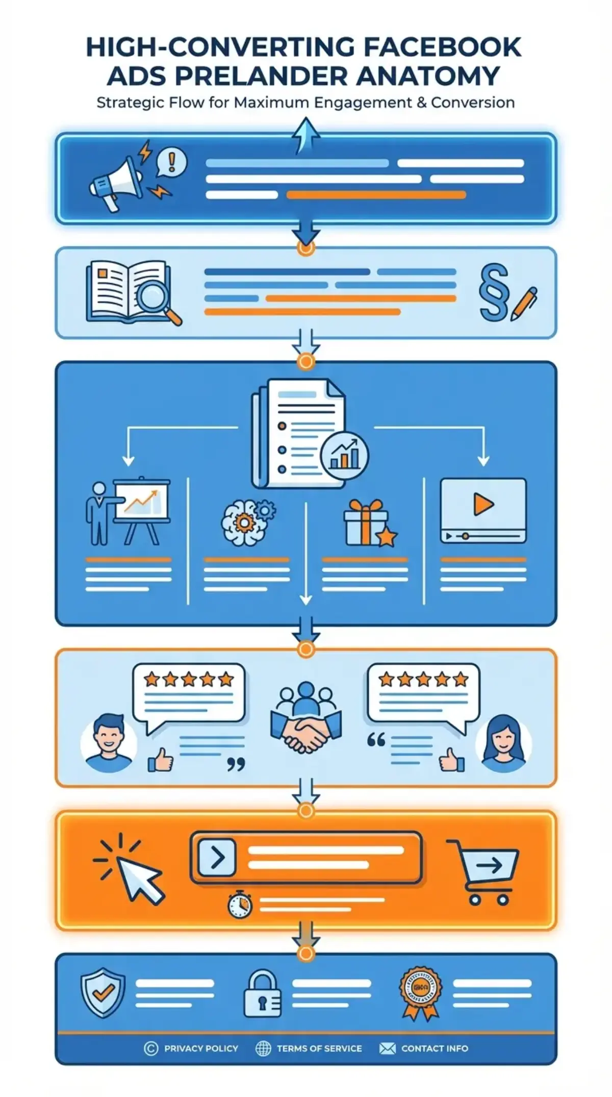 Схема структуры конвертирующего прелендинга: хук-заголовок, история, социальные доказательства и CTA-кнопка