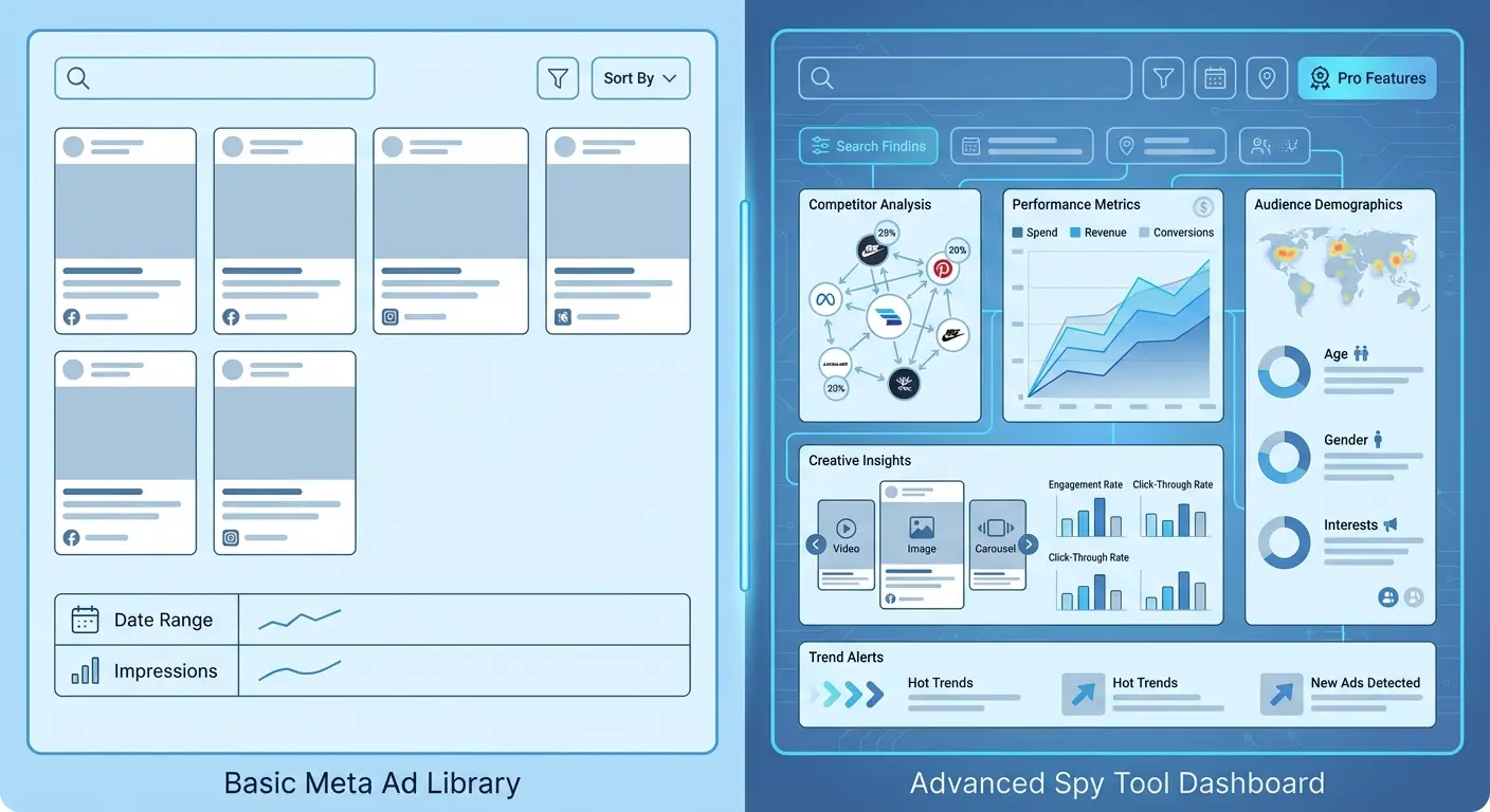 Сравнение возможностей Meta Ad Library и spy-инструментов для анализа рекламы конкурентов
