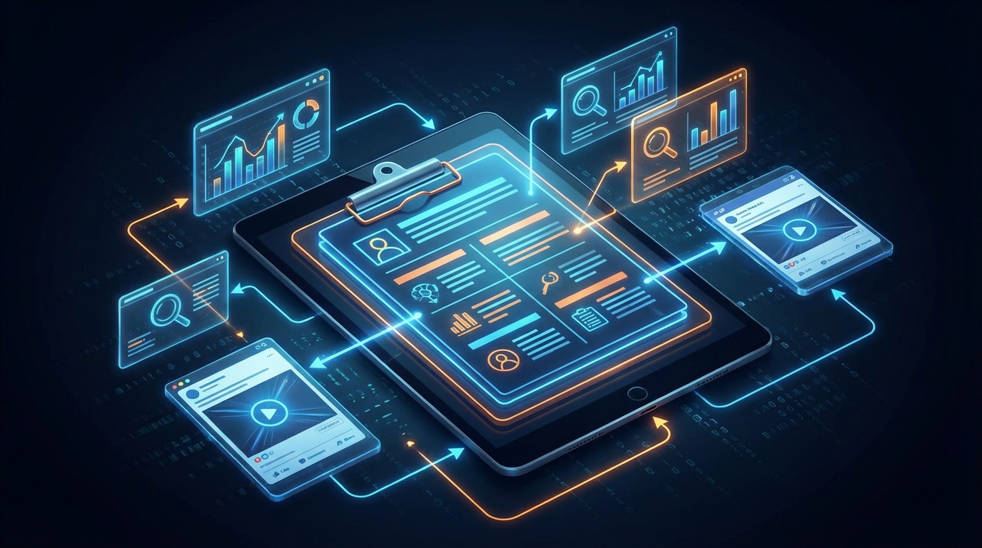 Креативный бриф собирается из данных spy-инструментов — аналитический дашборд с элементами документа