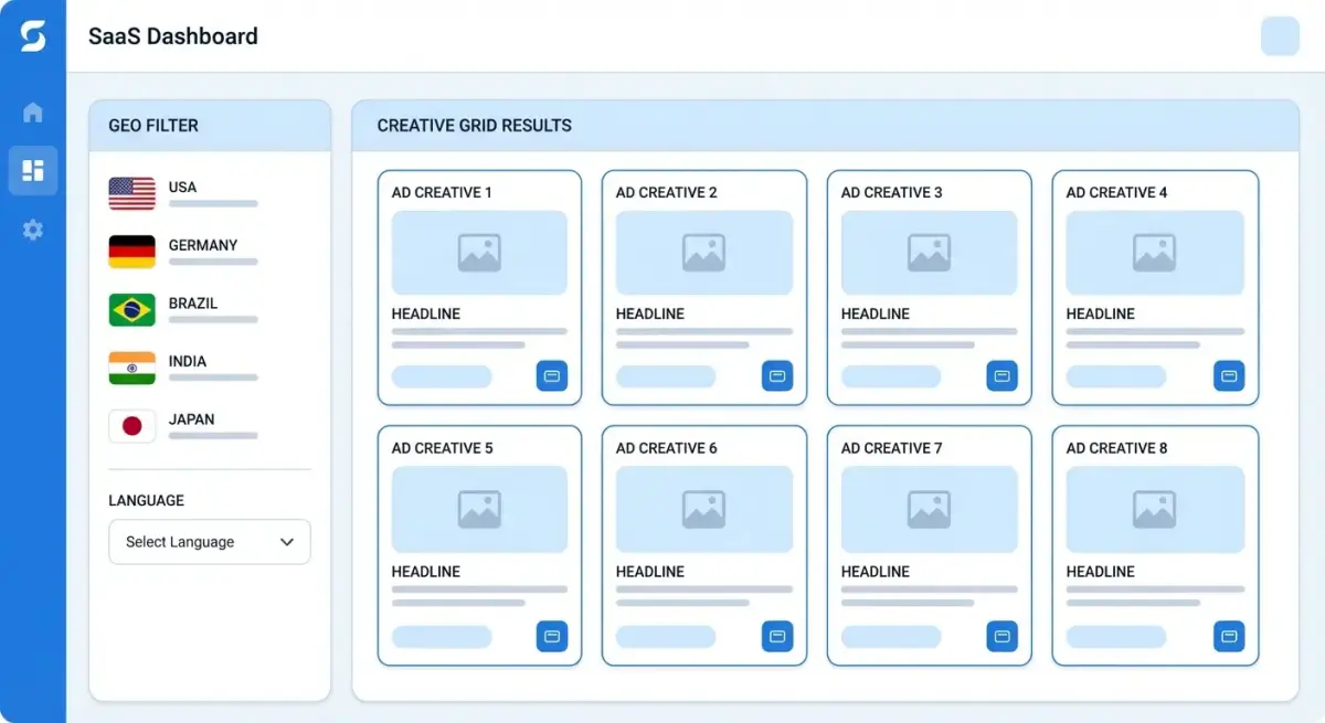 Интерфейс Adligator с ГЕО-фильтром и языковым фильтром для исследования рекламных креативов по странам