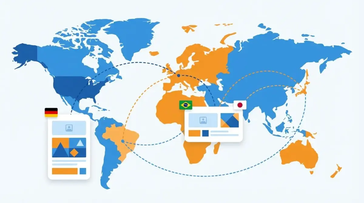 Карта мира с рекламными креативами на разных языках, иллюстрирующая локализацию Facebook-рекламы под разные ГЕО
