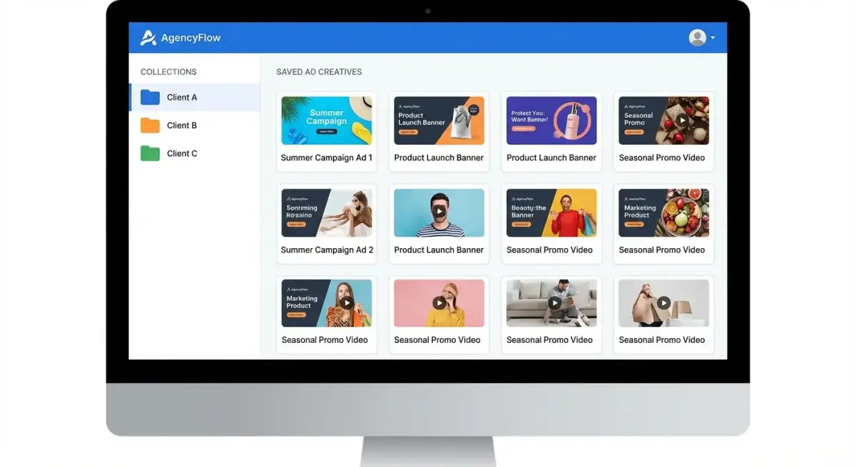 Интерфейс Adligator с коллекциями организованными по клиентам агентства