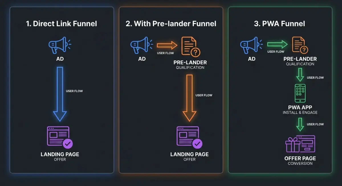 Диаграмма типов рекламных воронок в арбитраже: простая воронка, воронка с прелендингом и PWA-воронка с промежуточными шагами