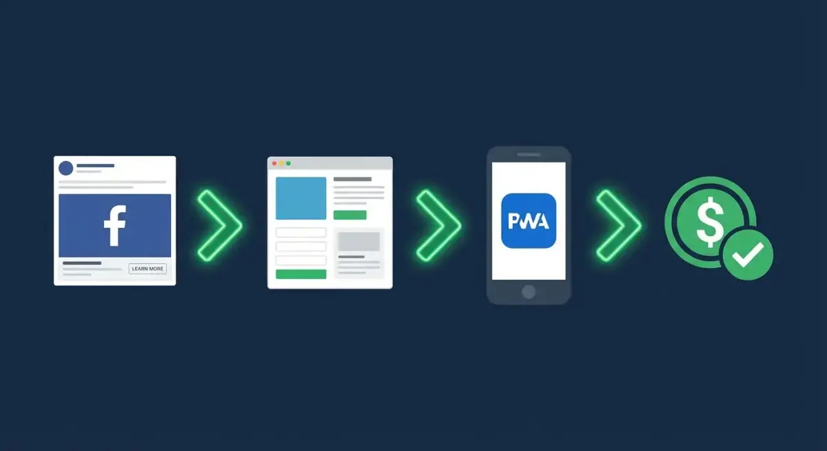 Иллюстрация рекламной воронки от Facebook-объявления через прелендинг и PWA до конверсии с элементами анализа данных
