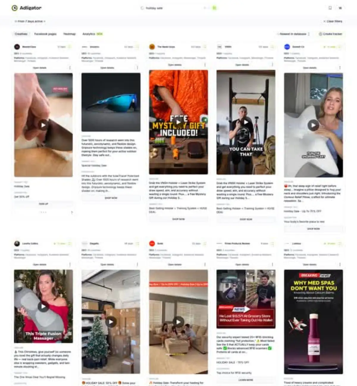 Интерфейс Adligator с результатами поиска сезонных креативов, фильтрами по дате создания и ключевым словам