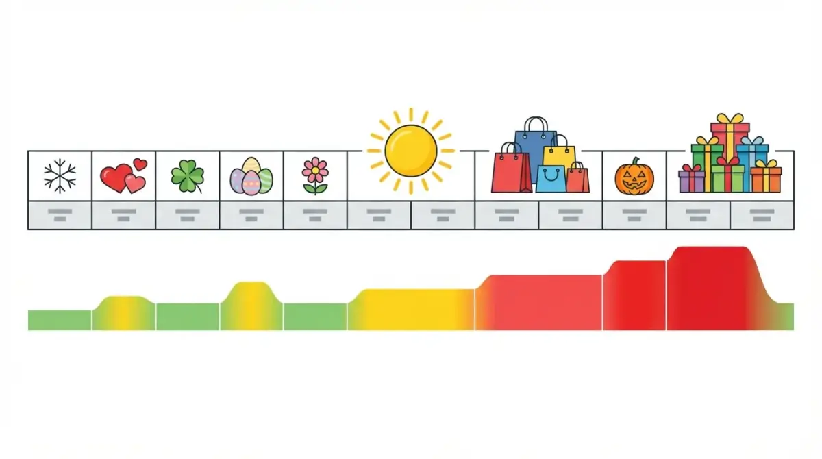 Инфографика с годовым календарём пиковых рекламных сезонов: Valentine's Day, Easter, Back to School, Black Friday, Christmas, New Year