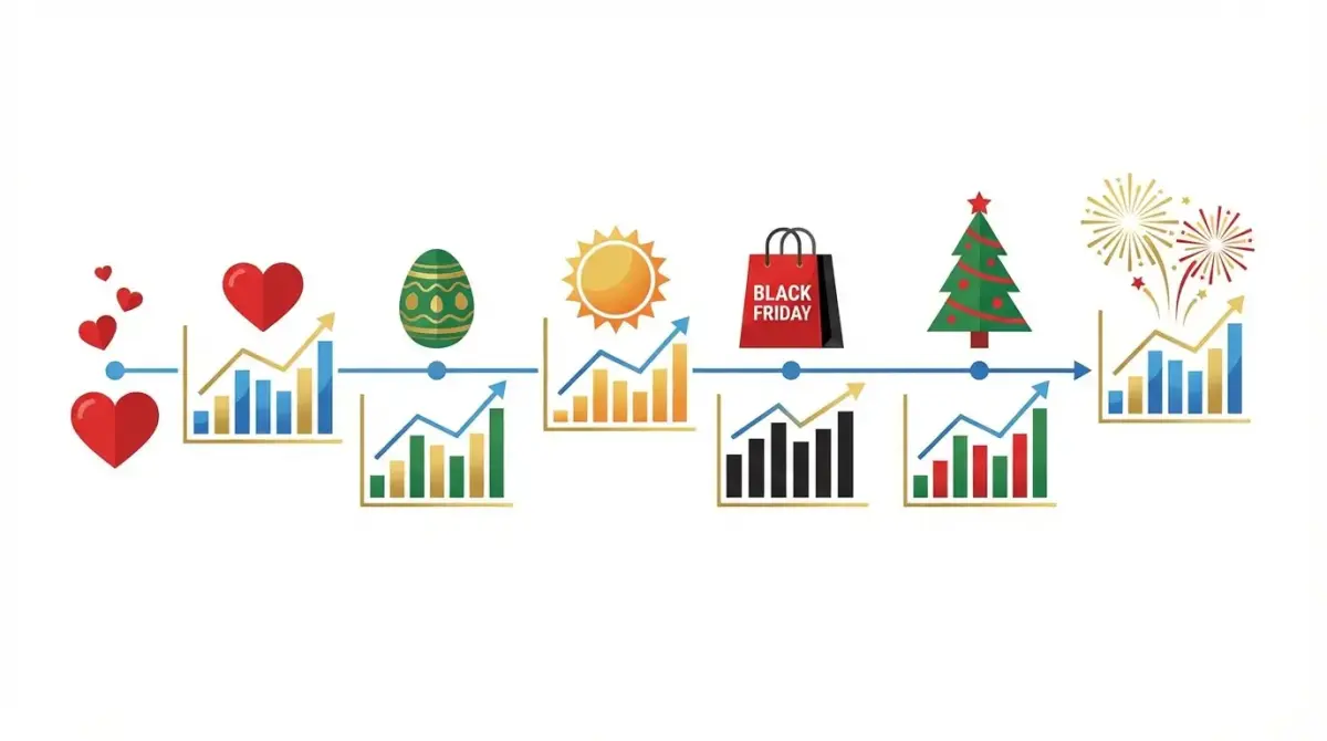 Календарь сезонных рекламных кампаний Facebook с иконками праздников и графиками роста эффективности рекламы