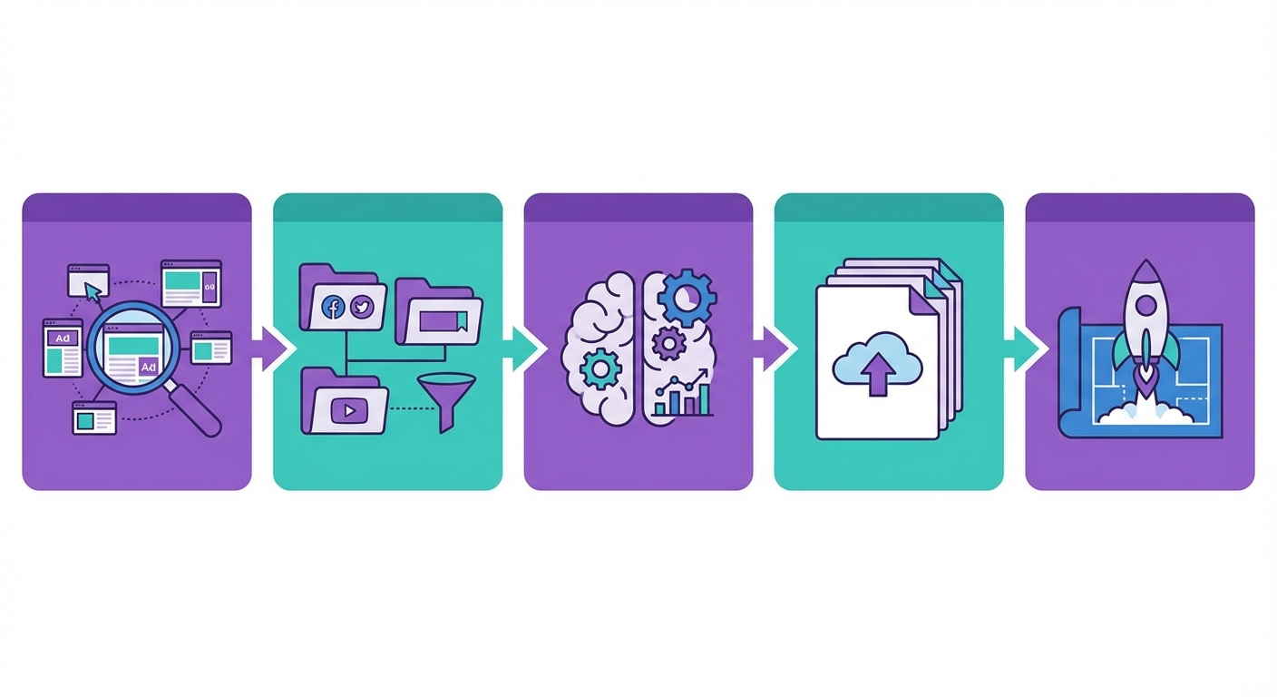 Диаграмма пятиэтапного воркфлоу еженедельного мониторинга рекламы конкурентов
