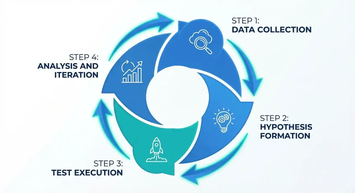 Диаграмма пошагового фреймворка A/B тестирования креативов Facebook от сбора spy-данных до масштабирования победителей