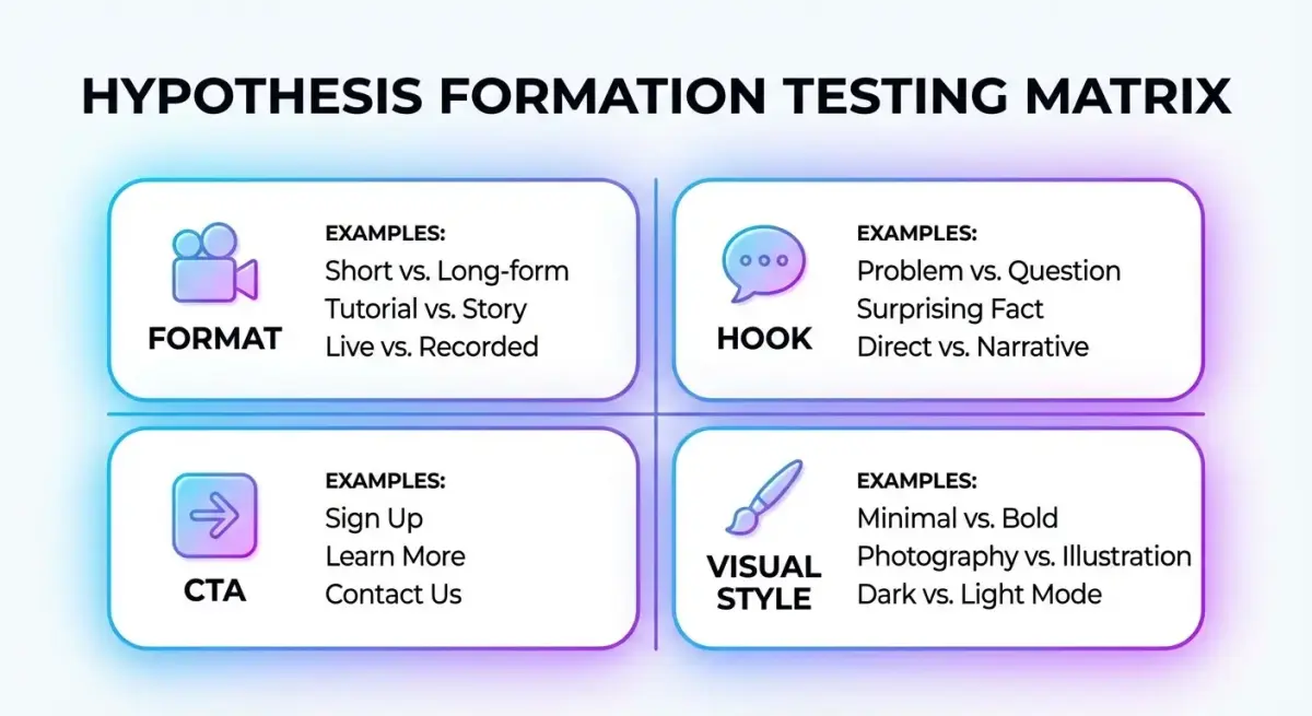 Матрица формирования тестовых гипотез на основе spy-данных с осями формат, хук, CTA и визуальный стиль