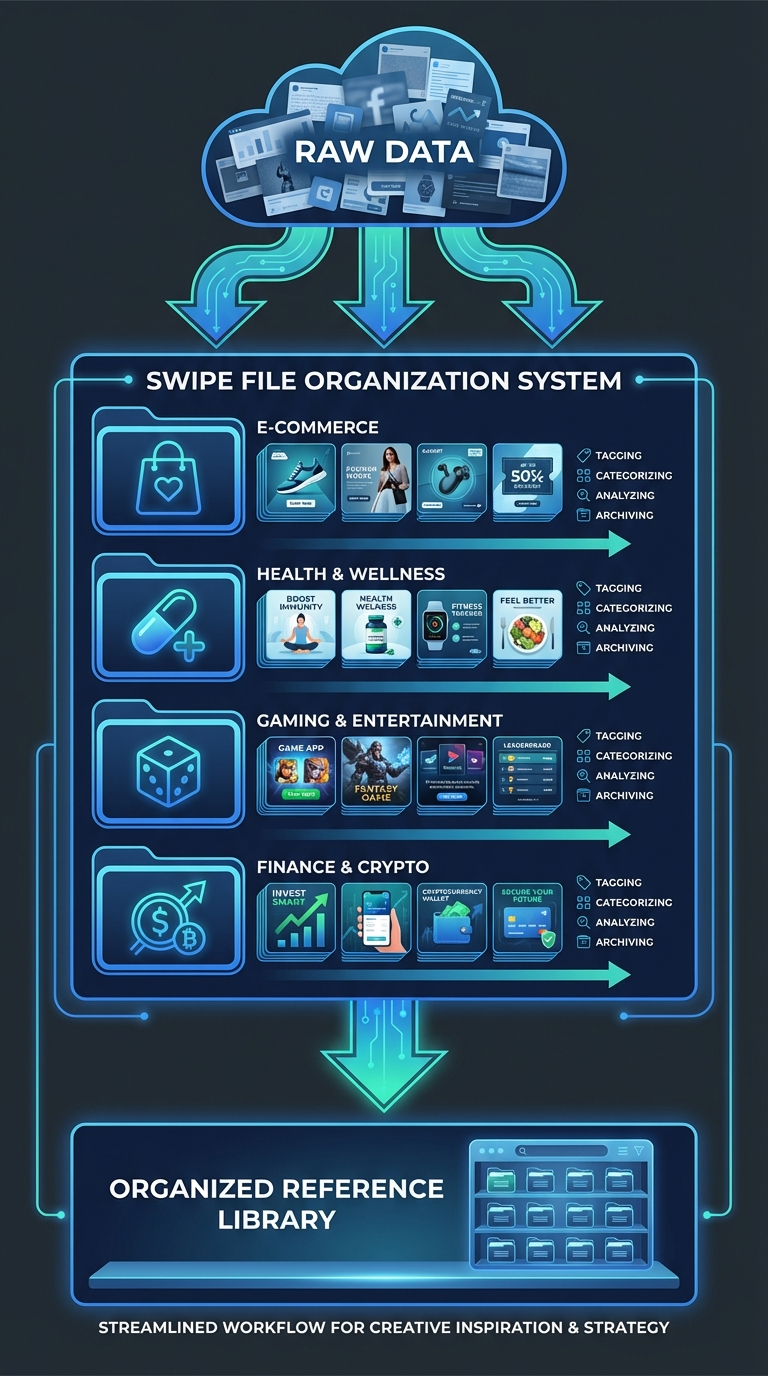 Інфографіка організації вертикального свайп-файлу з папками для різних ніш