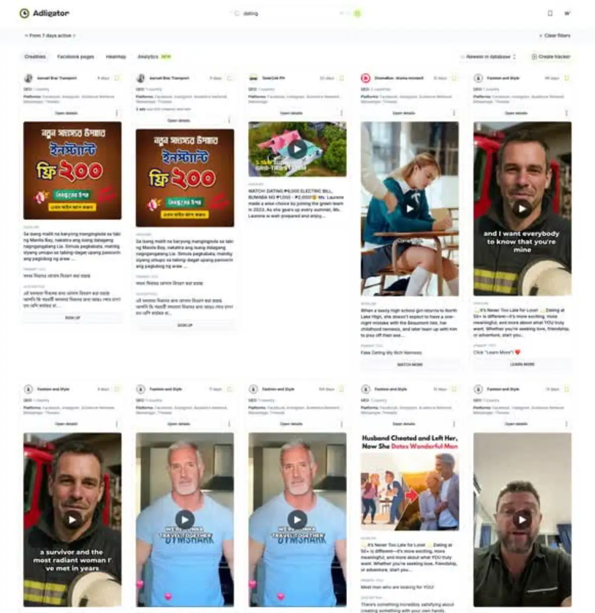 Інтерфейс Adligator з результатами пошуку дейтинг-креативів, фільтрами за гео та тривалістю показу