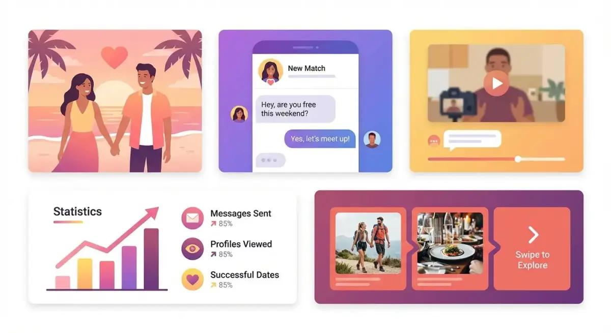 Інфографіка з типами рекламних креативів у дейтинг-вертикалі: lifestyle фото, скріншоти чатів, split-test зображення, відеоогляди
