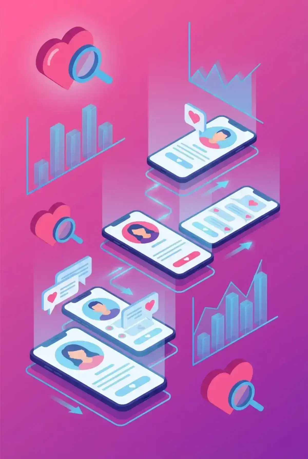 Аналіз рекламних креативів у дейтинг-вертикалі — іконки сердець та аналітичні графіки з лупою