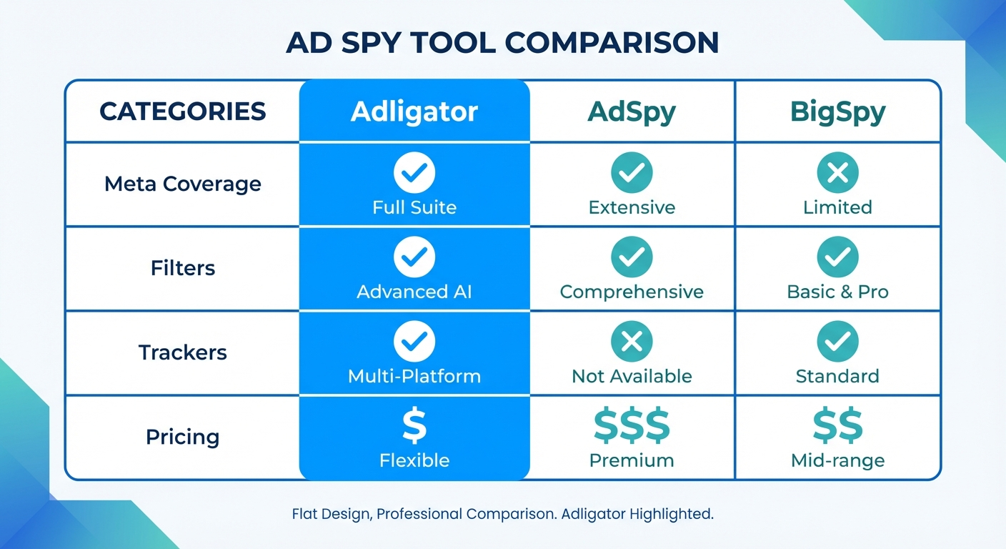 Порівняльна таблиця функцій AdSpy, BigSpy та Adligator