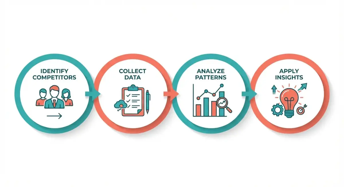 Покроковий план аналізу реклами конкурентів: визначити конкурентів, зібрати дані, проаналізувати патерни, застосувати висновки
