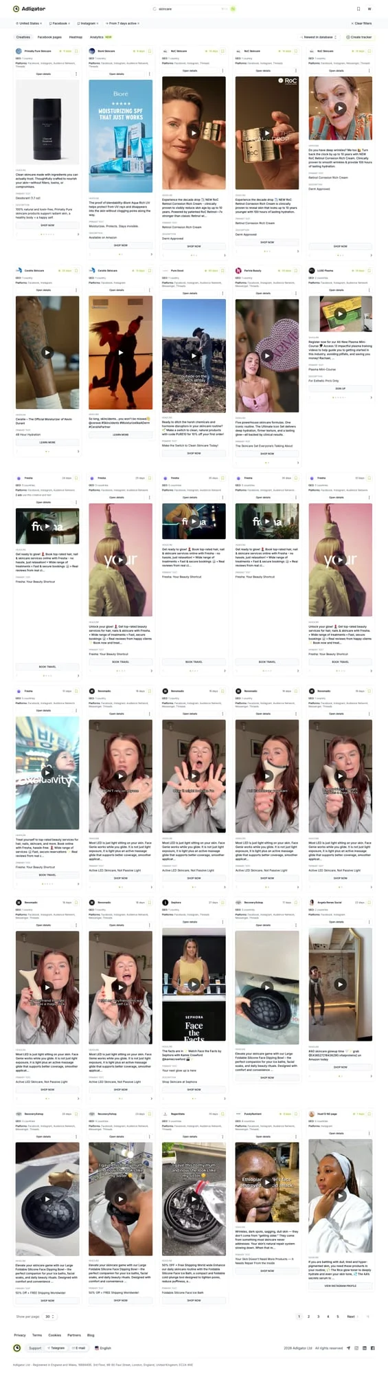 Інтерфейс пошуку Adligator з результатами пошуку креативів конкурентів та активними фільтрами