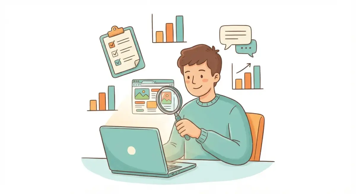 Початківець аналізує рекламу конкурентів у Facebook на екрані ноутбука з лупою та графіками аналітики