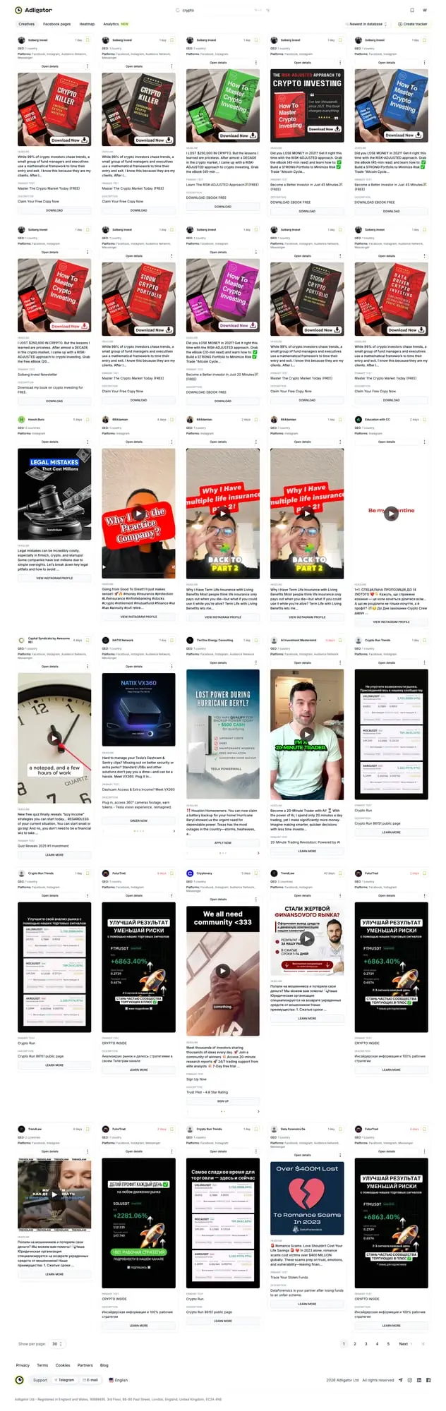 Дашборд Adligator з результатами пошуку за ключовим словом crypto — рекламні креативи з даними про платформи та тривалість