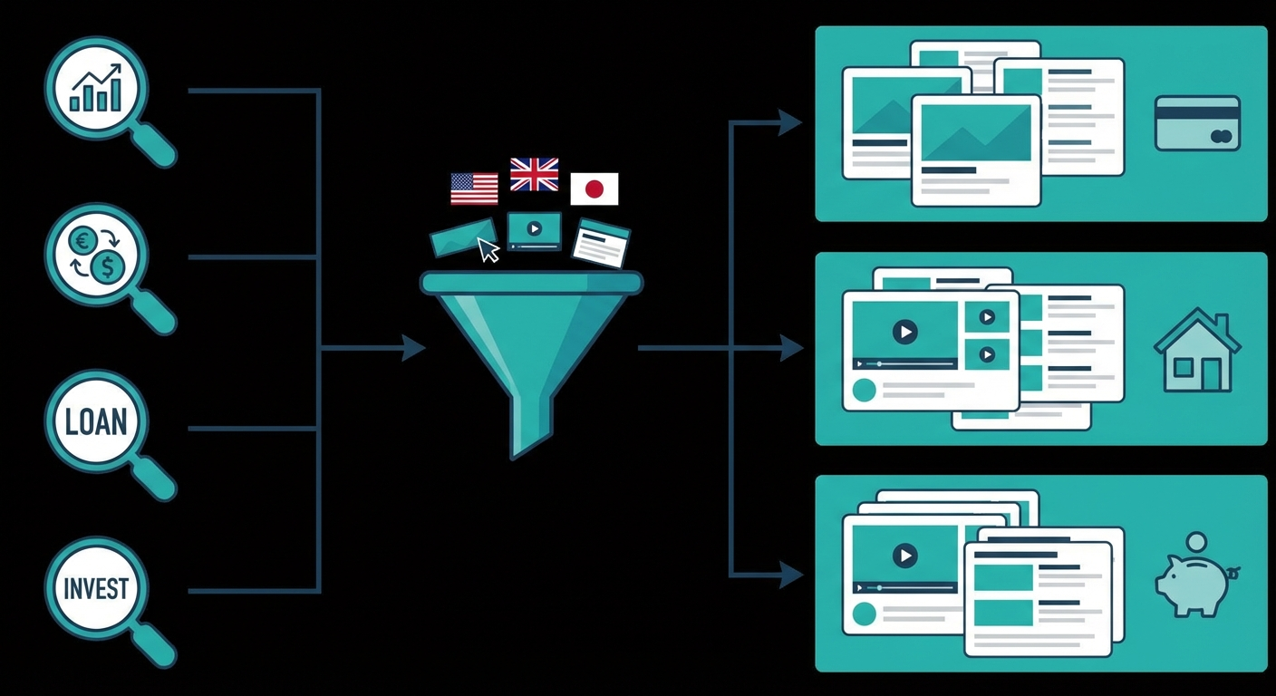 Діаграма воркфлоу дослідження фінансової реклами конкурентів: від ключових слів через фільтрацію до організованих колекцій