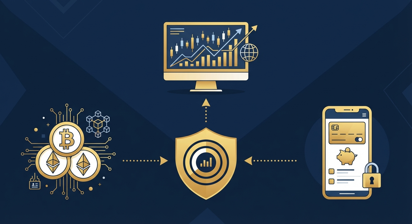 Інфографіка трьох фінансових субвертикалей — крипто, форекс та фінтех — з'єднаних із дашбордом Meta-реклами