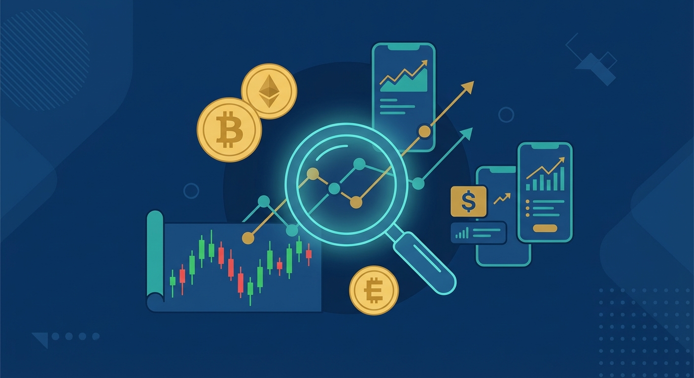 Ілюстрація конкурентної розвідки у фінансовій рекламі з криптовалютними монетами, графіками форекс та інтерфейсами фінтех-додатків